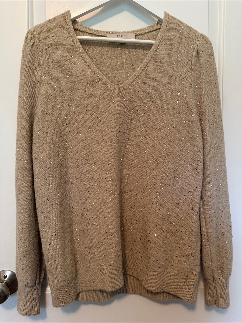 LOFT Beige Sequin V-Neck Sweater
